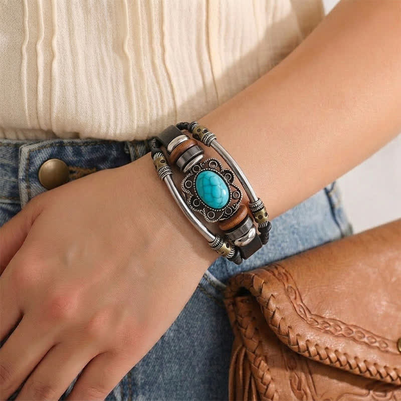 Handgefertigtes geflochtenes Boho-Lederarmband mit Türkisanhänger - image 2