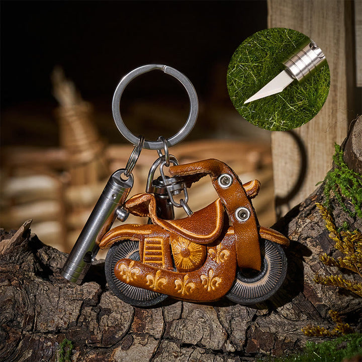 Mini-Universalmesser mit Einziehmechanismus & Vintage-Motorrad-Schlüsselanhänger aus Leder - Stil Nr. 1 - image 0