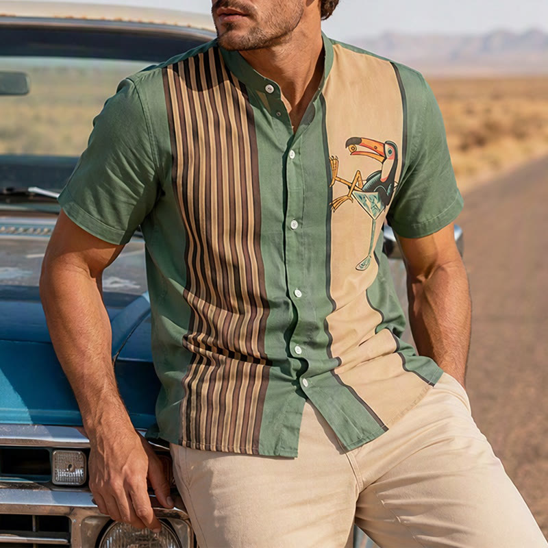 Sommerhemd für Herren mit tropischem Tukan-Cocktailprint und vertikalen Streifen - Stil Nr. 1 - 6XL - image 0