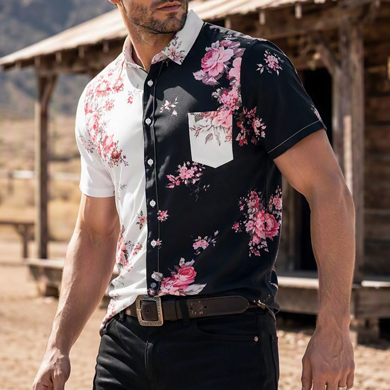 Herren-Freizeithemd mit kontrastierendem Rosenmuster in Schwarz und Weiß - Stil Nr. 1 - 6XL - image 0