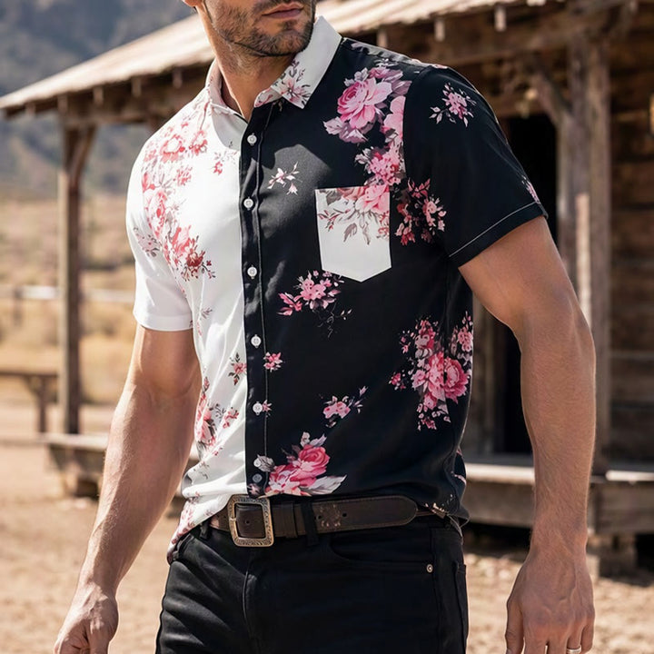 Herren-Freizeithemd mit kontrastierendem Rosenmuster in Schwarz und Weiß - Stil Nr. 1 - 6XL - image 0