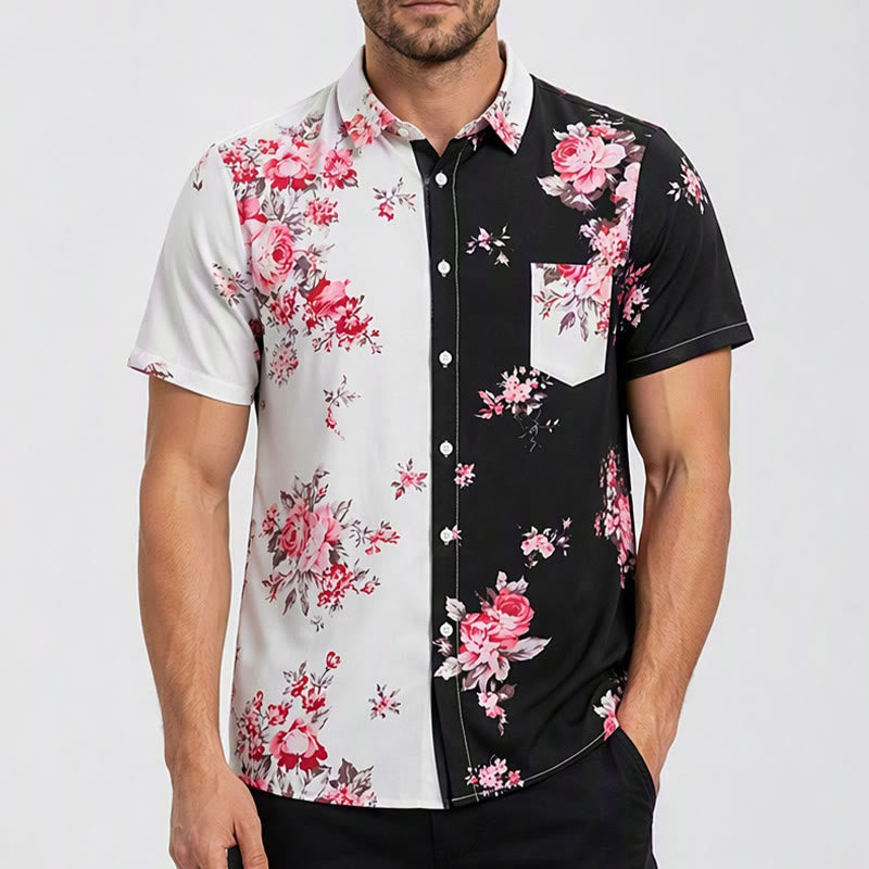 Herren-Freizeithemd mit kontrastierendem Rosenmuster in Schwarz und Weiß - image 1