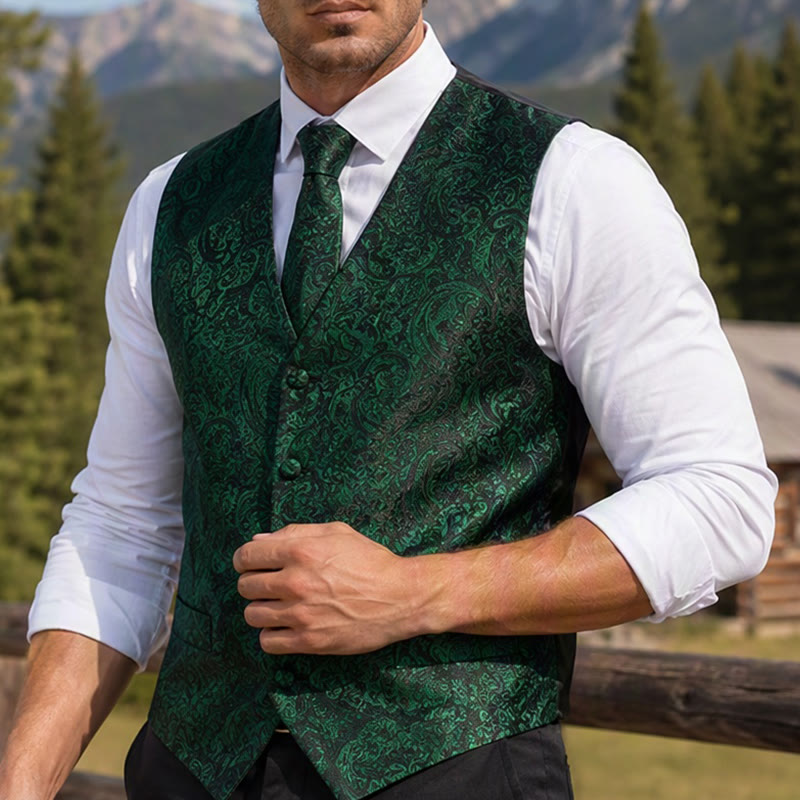 Herren-Weste mit Paisley-Jacquardmuster, 3-teiliges Anzugset - Dunkelgrün - 2XL - image 6