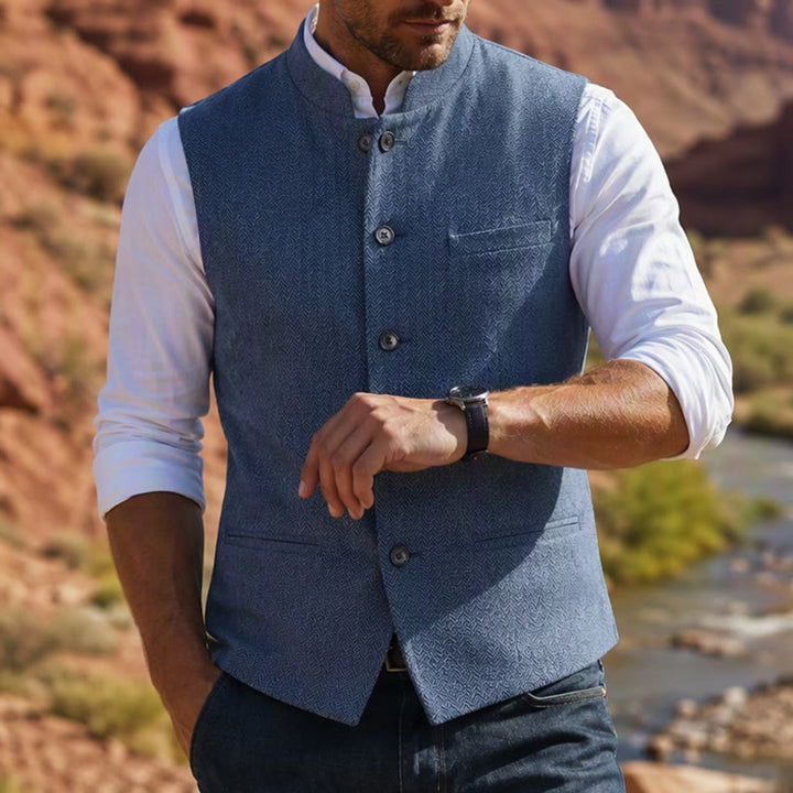 Herren-Anzugweste aus Fischgrät-Tweed mit Stehkragen - Blau - 3XL - image 13