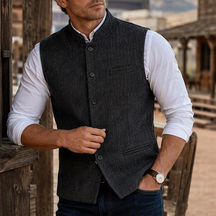 Herren-Anzugweste aus Fischgrät-Tweed mit Stehkragen - Schwarz - 3XL - image 6