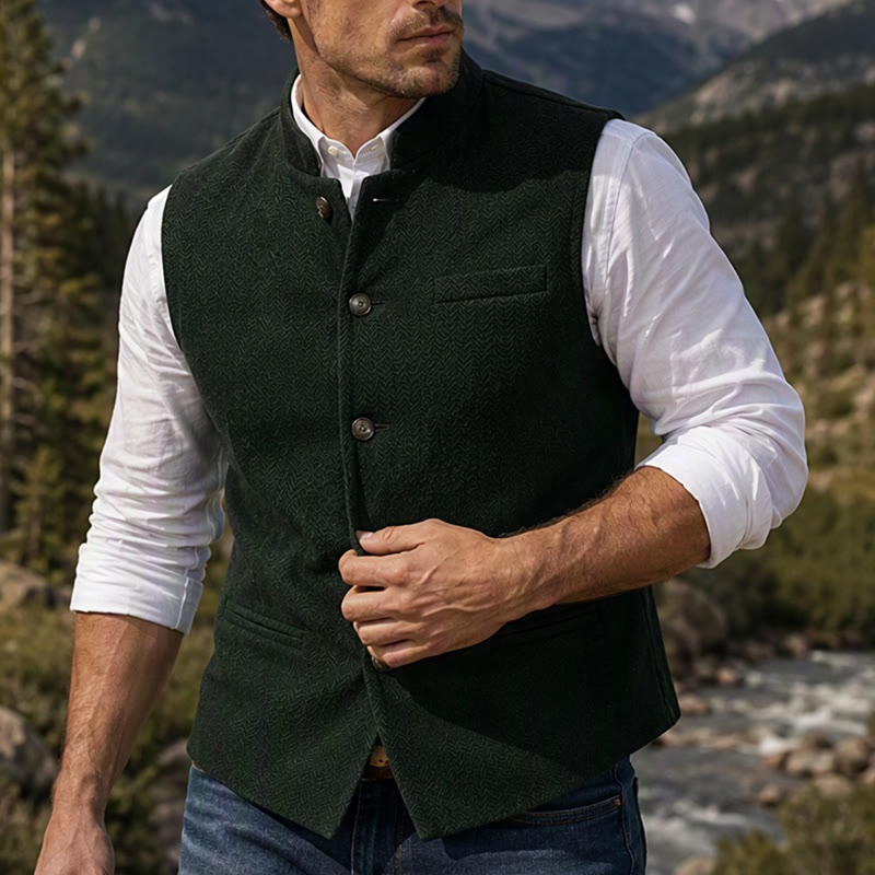 Herren-Anzugweste aus Fischgrät-Tweed mit Stehkragen - Armeegrün - 3XL - image 10