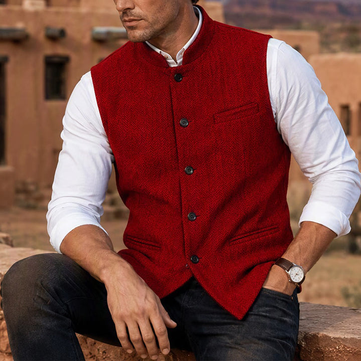 Herren-Anzugweste aus Fischgrät-Tweed mit Stehkragen - Rot - 3XL - image 7