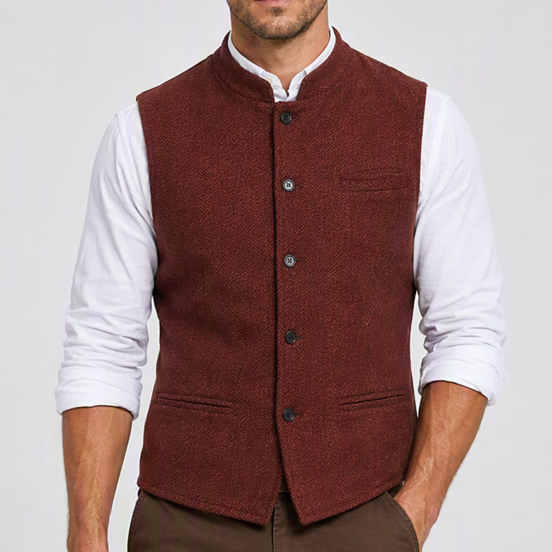 Herren-Anzugweste aus Fischgrät-Tweed mit Stehkragen - image 1