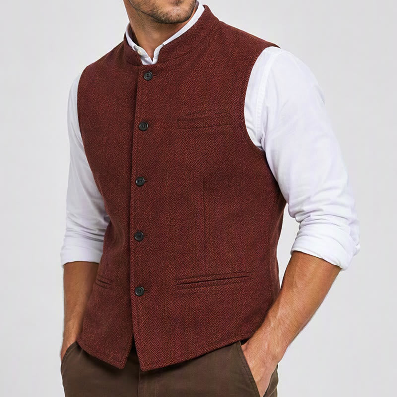 Herren-Anzugweste aus Fischgrät-Tweed mit Stehkragen - image 2