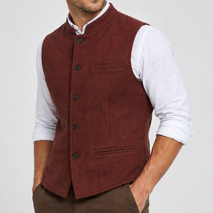 Herren-Anzugweste aus Fischgrät-Tweed mit Stehkragen - image 2