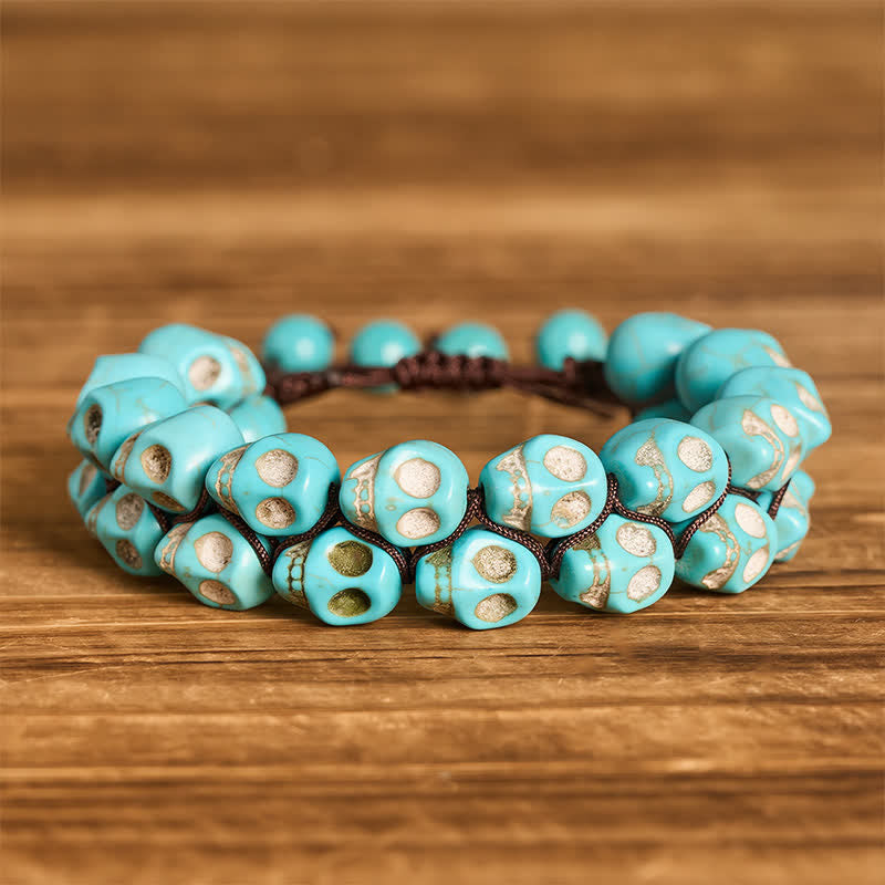 Gotisches, türkisfarbenes Totenkopf-Perlenarmband, verstellbar, geflochten - Blau - image 0