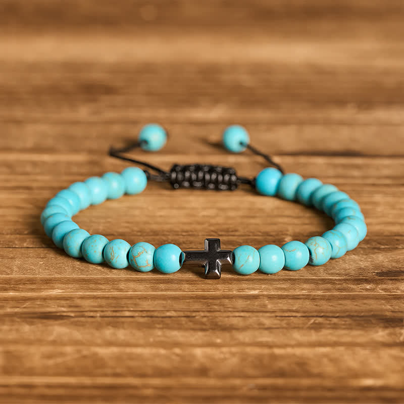 Armband mit türkisfarbenen Perlen und verstellbarem Anhänger mit Glaubenskreuz - Türkis - image 4
