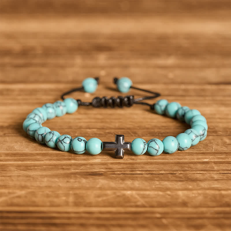 Armband mit türkisfarbenen Perlen und verstellbarem Anhänger mit Glaubenskreuz - Helltürkis - image 0
