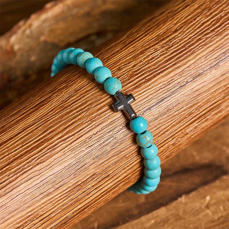 Armband mit türkisfarbenen Perlen und verstellbarem Anhänger mit Glaubenskreuz - image 5
