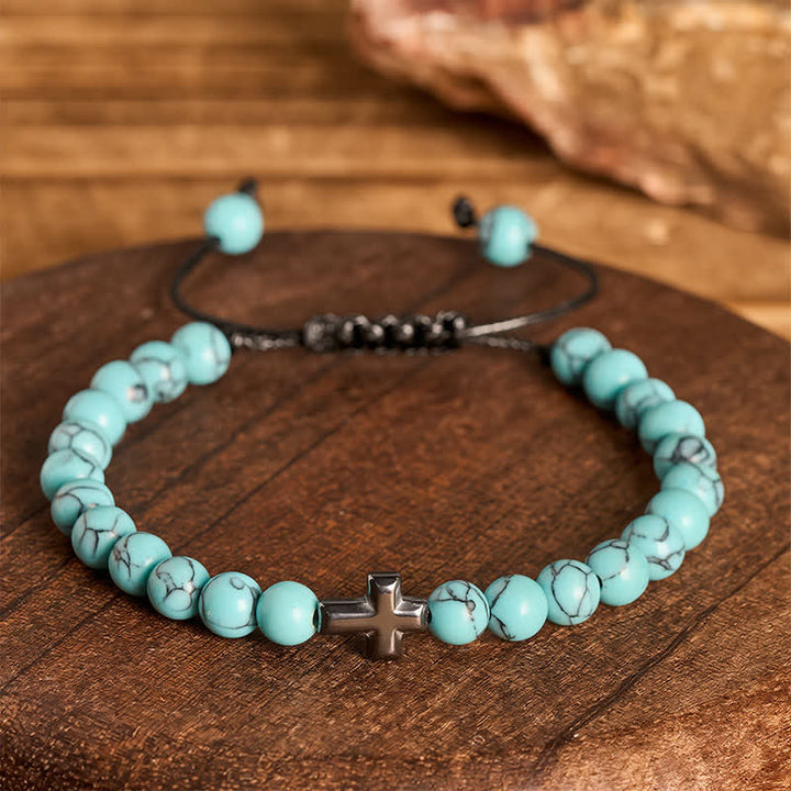 Armband mit türkisfarbenen Perlen und verstellbarem Anhänger mit Glaubenskreuz - image 2