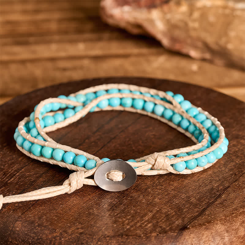 Elegantes, doppelt gewickeltes türkisfarbenes Perlenarmband mit beiger Kordel - image 2