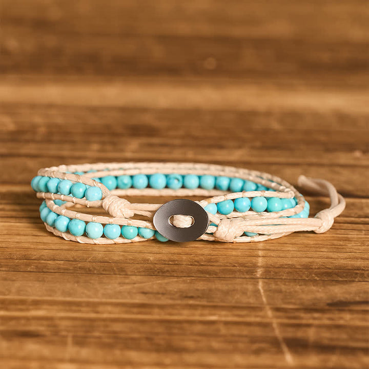 Elegantes, doppelt gewickeltes türkisfarbenes Perlenarmband mit beiger Kordel - Türkis - image 0