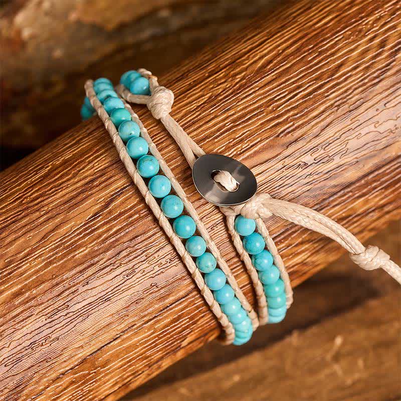 Elegantes, doppelt gewickeltes türkisfarbenes Perlenarmband mit beiger Kordel - image 1