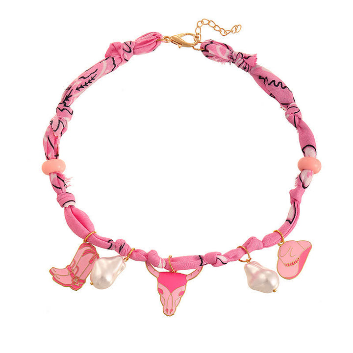 Süße Longhorn-Bullen-Schal-Halskette mit Stiefel- und Hutanhängern - Rosa - image 1