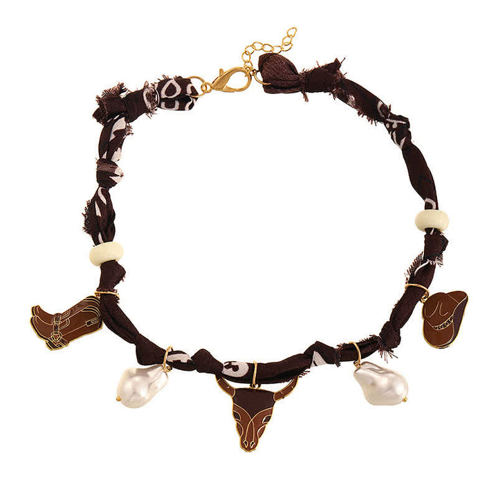 Süße Longhorn-Bullen-Schal-Halskette mit Stiefel- und Hutanhängern - Braun - image 5