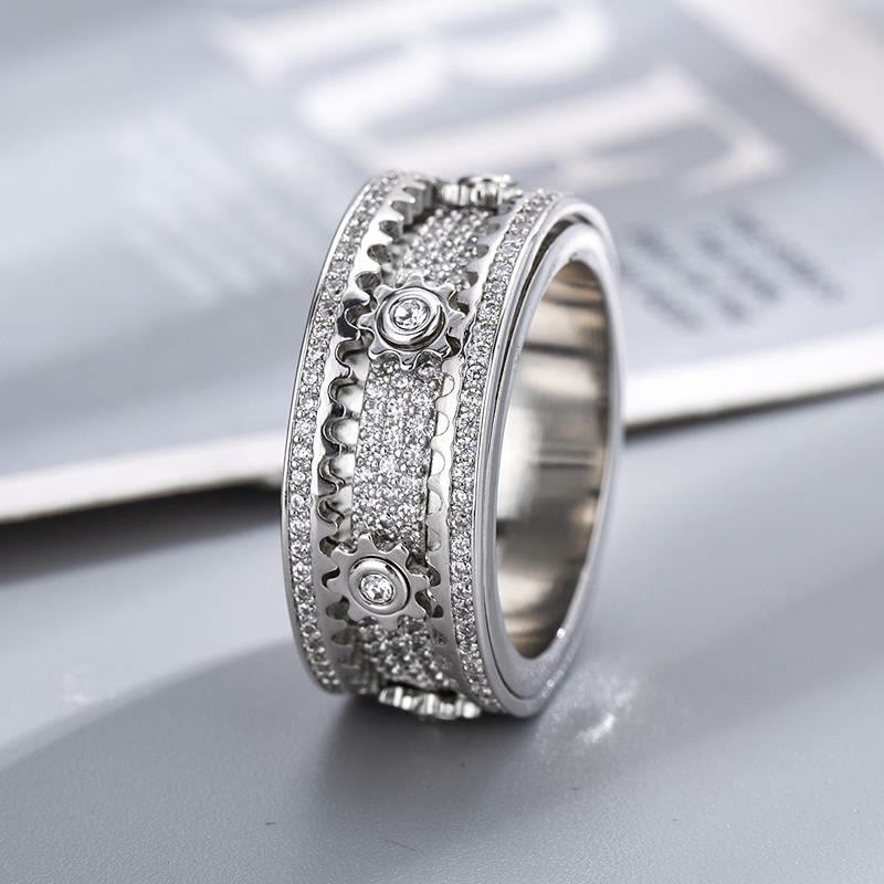 Drehbarer Zahnradring mit Zirkonia, komplett mit Kristallen besetzt, Spinnerring für Partyschmuck - Silber - US 12 - image 0