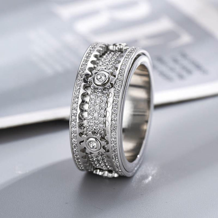 Drehbarer Zahnradring mit Zirkonia, komplett mit Kristallen besetzt, Spinnerring für Partyschmuck - Silber - US 12 - image 0