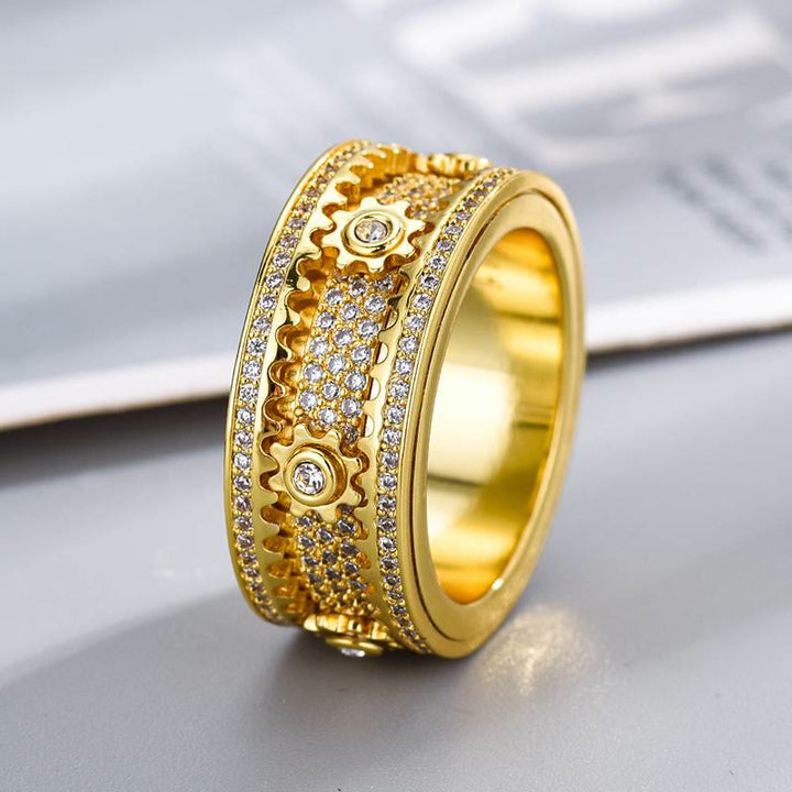 Drehbarer Zahnradring mit Zirkonia, komplett mit Kristallen besetzt, Spinnerring für Partyschmuck - Gold - US 12 - image 4
