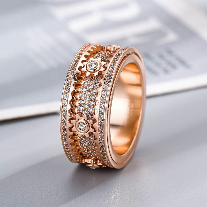 Drehbarer Zahnradring mit Zirkonia, komplett mit Kristallen besetzt, Spinnerring für Partyschmuck - Roségold - US 12 - image 3
