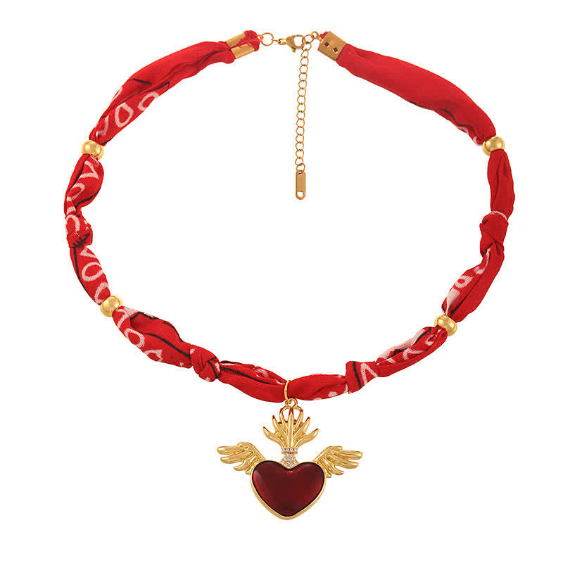 Vintage rotes Bandana-Halstuch mit goldenem Flügel-Heiligem-Herz-Motiv - image 1