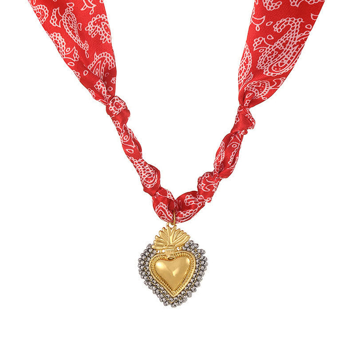 Kollektion handgeknüpfter Paisley-Bandana-Schals und -Halsketten mit dem Motiv des Heiligen Herzens - Rot & Grau - image 4