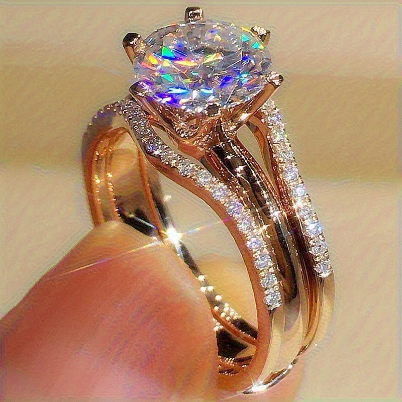 Damenring mit sechs Krappen und Zirkonia, geteilte Ringschiene, Verlobungsring - Gold - 10 - image 0