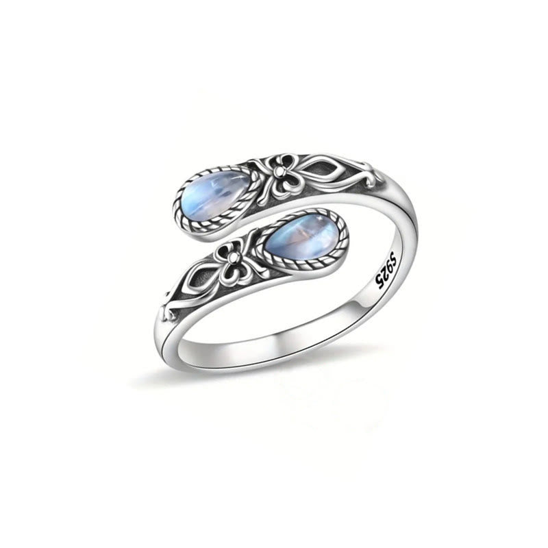 Vintage-Ring mit geschnitzten Blumen und tropfenförmigem Stein, offener, verstellbarer Ring für Damen - image 3