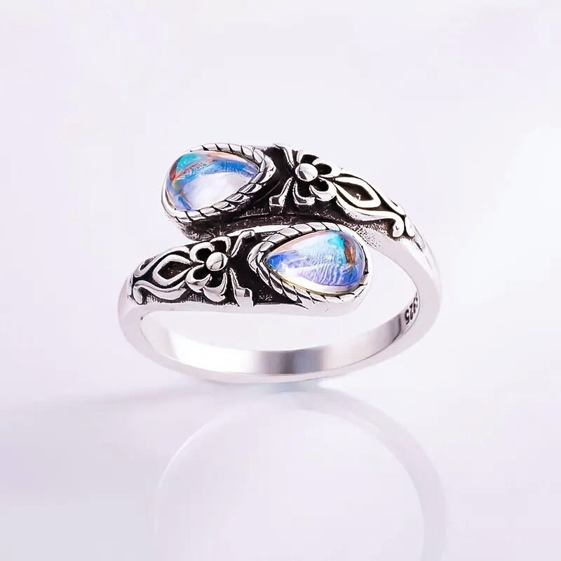 Vintage-Ring mit geschnitzten Blumen und tropfenförmigem Stein, offener, verstellbarer Ring für Damen - Stil Nr. 1 - image 0