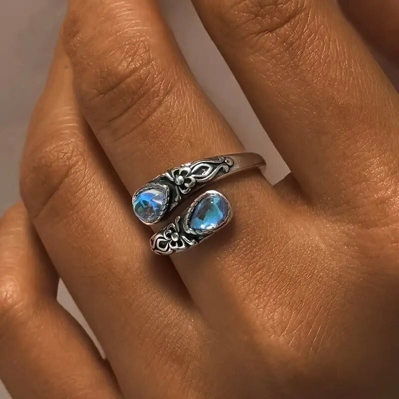 Vintage-Ring mit geschnitzten Blumen und tropfenförmigem Stein, offener, verstellbarer Ring für Damen - image 2