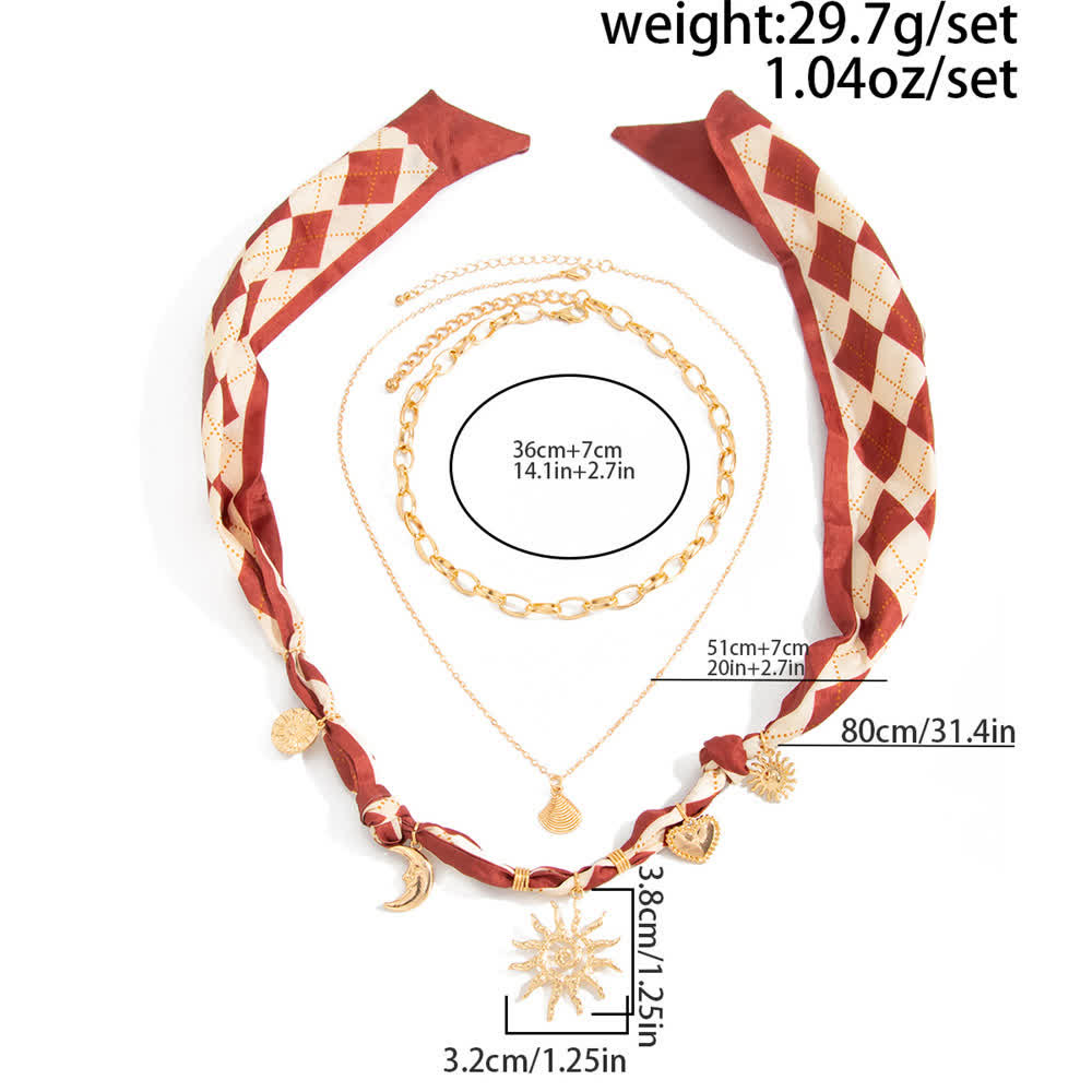 3-teiliges Set aus Bandana-Schal und Halskette mit Sonnen- und Mondmotiv in Burgunderrot mit Argyle-Muster - image 4