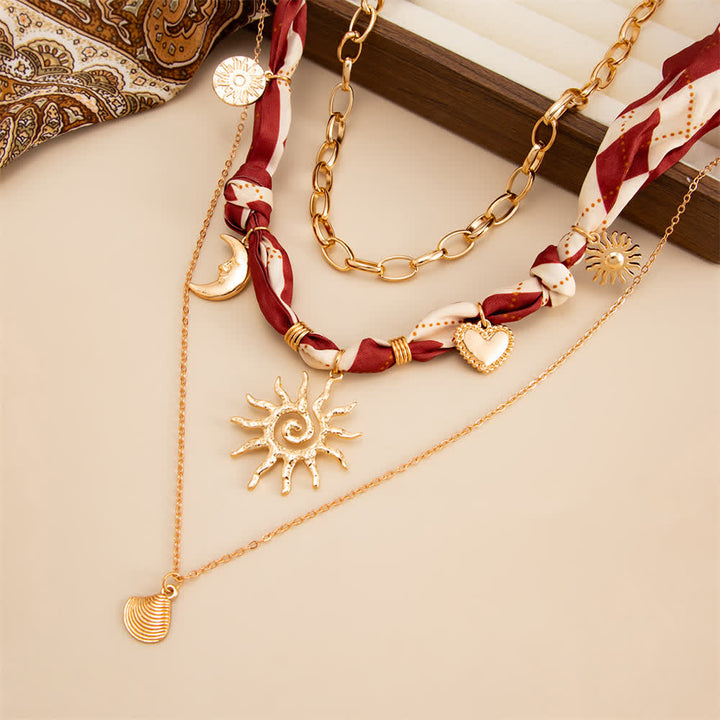 3-teiliges Set aus Bandana-Schal und Halskette mit Sonnen- und Mondmotiv in Burgunderrot mit Argyle-Muster - image 1