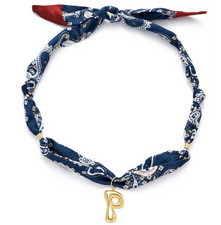 Halskette mit marineblauem Paisley-Bandana-Muster und goldenem Anhänger in Blasenform - P - image 20