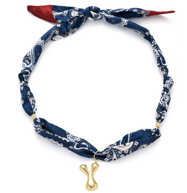 Halskette mit marineblauem Paisley-Bandana-Muster und goldenem Anhänger in Blasenform - Y - image 29