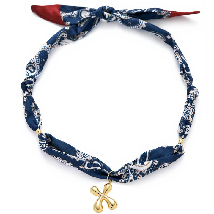 Halskette mit marineblauem Paisley-Bandana-Muster und goldenem Anhänger in Blasenform - X - image 28