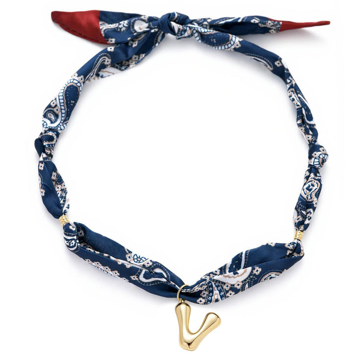Halskette mit marineblauem Paisley-Bandana-Muster und goldenem Anhänger in Blasenform - V - image 26