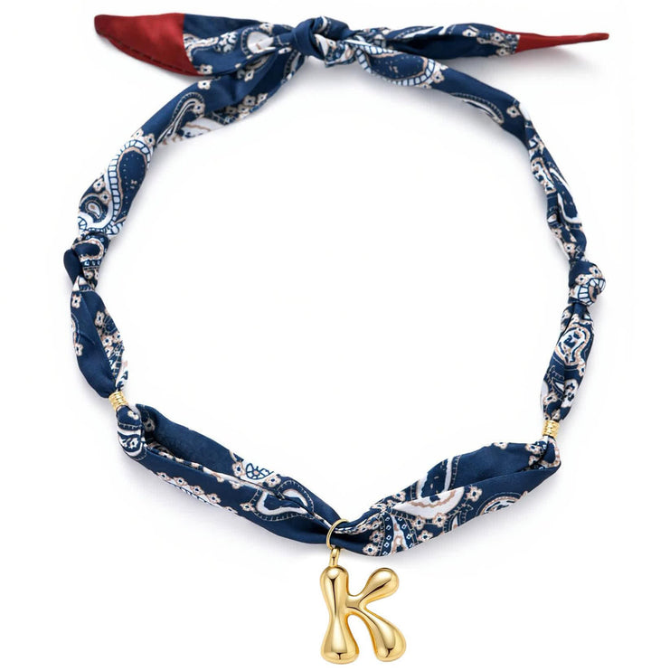 Halskette mit marineblauem Paisley-Bandana-Muster und goldenem Anhänger in Blasenform - K - image 15