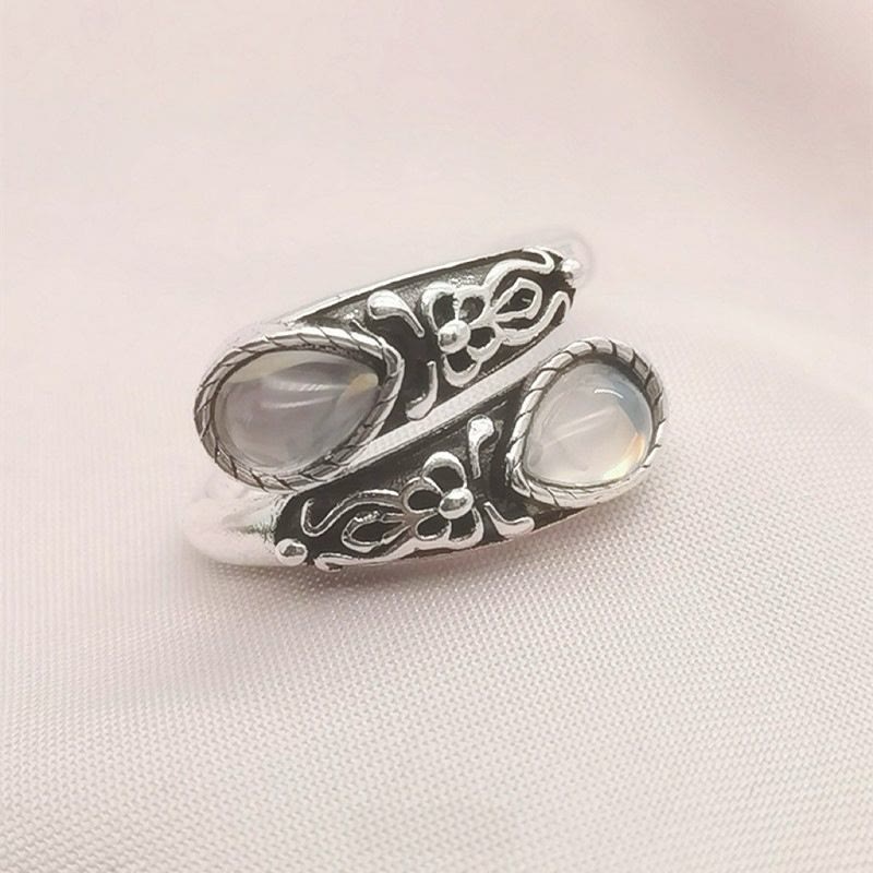 Vintage-Ring mit geschnitzten Blumen und tropfenförmigem Stein, offener, verstellbarer Ring für Damen - Stil Nr. 2 - image 4