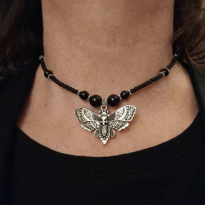 Boho-Gothic-Perlen-Totenkopffalter-Choker-Halskette - Schwarz - image 0