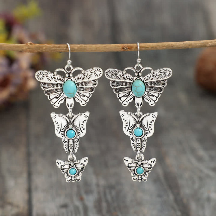 Boho-Ohrringe im Western-Stil mit dreifachem Schmetterlingsmotiv und Türkis - Silber - image 0