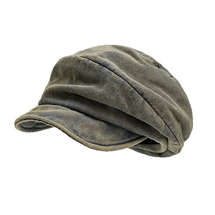Künstlerisch gestaltete, olivgraue, gewaschene Baumwoll-Baskenmütze - Olivgrau - M (22"-22 7/8") - image 0