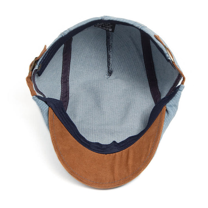 Flache Baskenmütze aus kontrastfarbenem, gewaschenem Denim mit Wildlederkrempe - image 5