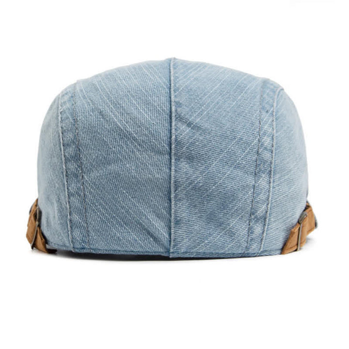 Flache Baskenmütze aus kontrastfarbenem, gewaschenem Denim mit Wildlederkrempe - image 3