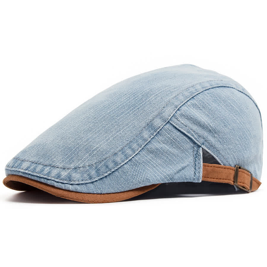 Flache Baskenmütze aus kontrastfarbenem, gewaschenem Denim mit Wildlederkrempe - Hellblau - Verstellbar (21 5/8"-23 1/4") - image 2