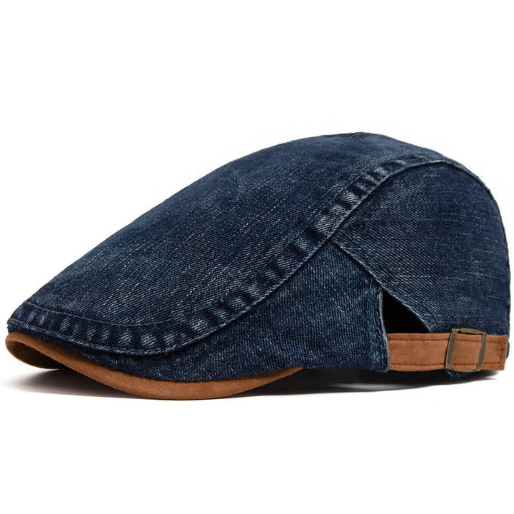 Flache Baskenmütze aus kontrastfarbenem, gewaschenem Denim mit Wildlederkrempe - Dunkelblau - Verstellbar (21 5/8"-23 1/4") - image 8