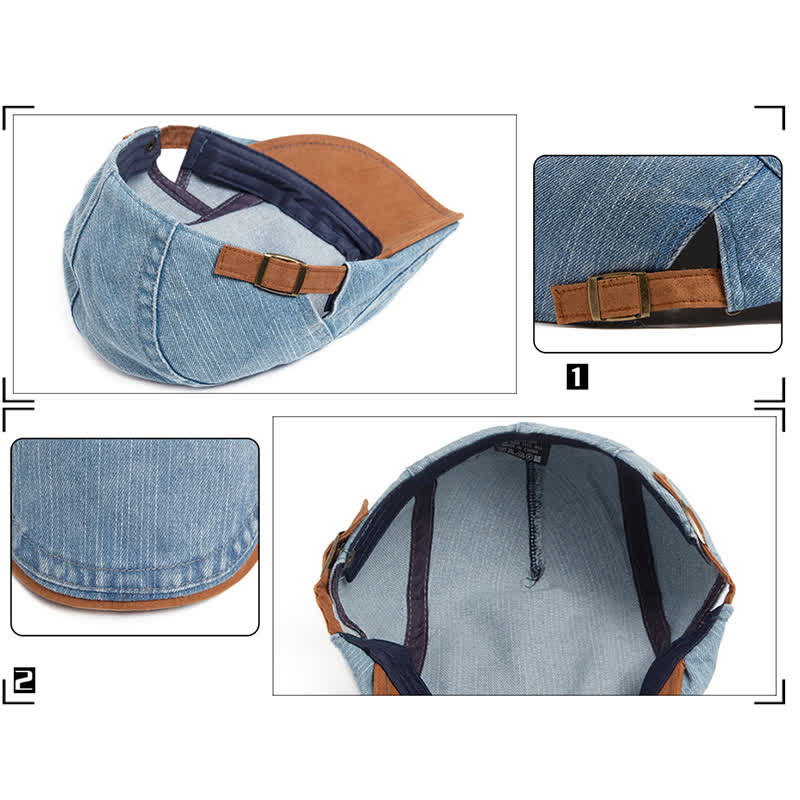 Flache Baskenmütze aus kontrastfarbenem, gewaschenem Denim mit Wildlederkrempe - image 6